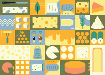 Big set with different types, assortment of cheeses hard, soft, with mold, spices, from milk of cow, sheep or goat, holed, smoked, brined, pickled. Different cheese kinds. Dairy farm cheese