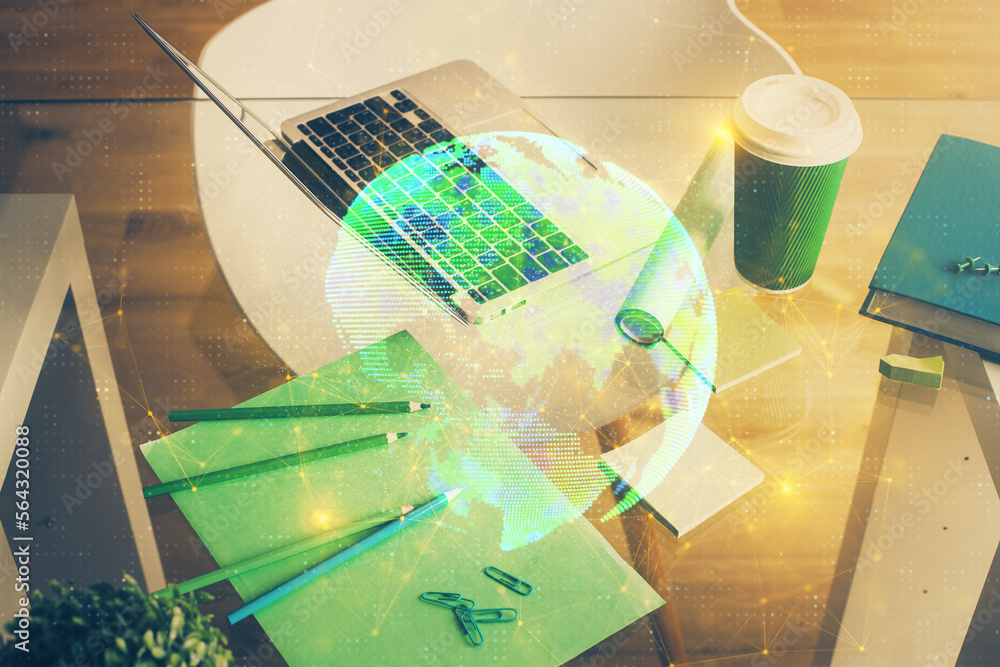 Poster computer on desktop with social network hologram. double exposure. concept of international people c