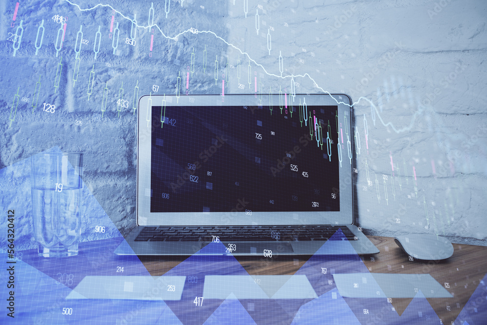 Aufkleber Multi exposure of forex graph and work space with computer. Concept of international online trading.