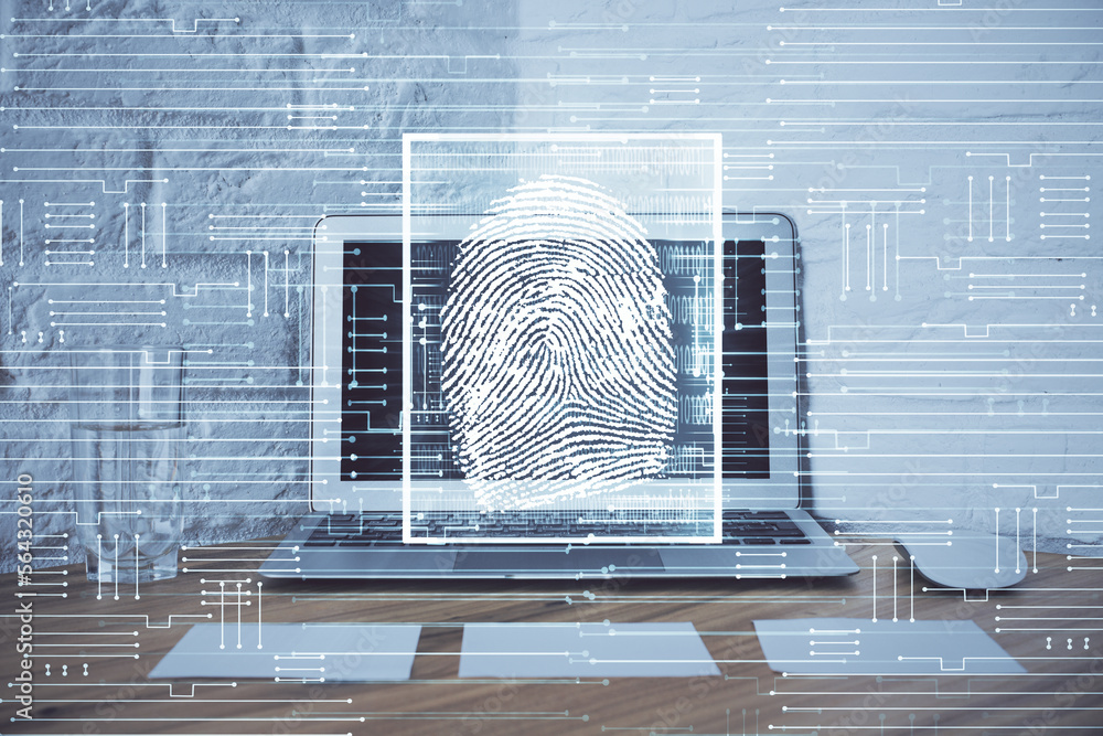 Poster computer on desktop in office with finger print drawing. double exposure. concept of business data s