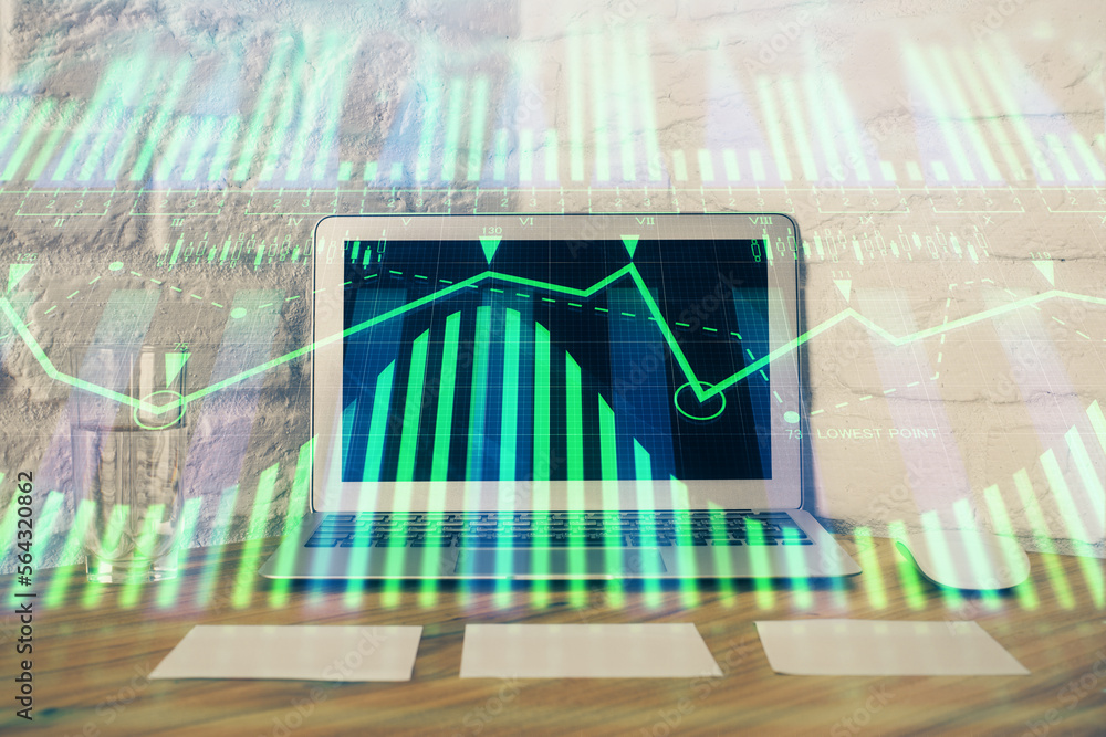 Aufkleber Double exposure of desktop with personal computer on background and tech theme drawing. Concept of Bigdata.