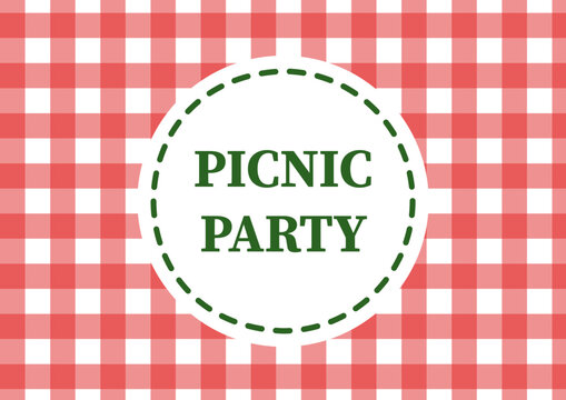 Poster Picnic party on tablecloth, vector. Checkered tablecloth in red and white checkered, in the center is a white circle with the inscription Picnic Party.