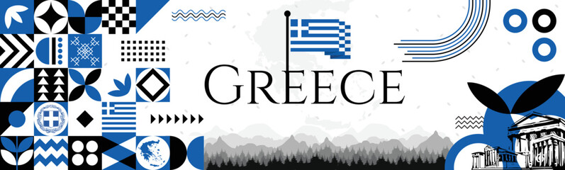 Obraz premium Greek Independence Day Greece banner with name and map. Flag color themed Geometric abstract retro modern Design with pattern. Blue color vector illustration template graphic design.