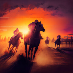 Horse race at sunset. Generative AI.	
