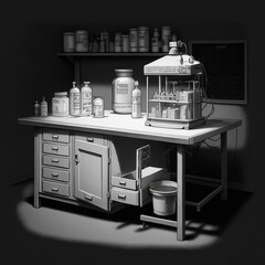 laboratory table with equipment for experiments flasks jars black and white illustration