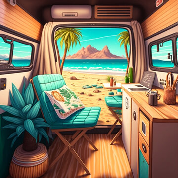 Interior of a camper van in the beach. Road Trip. Generative AI.	
