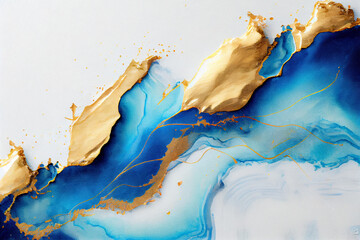 Blue paints spilled on canvas. Elegant luxury golden shiny veins and cracked marble texture.