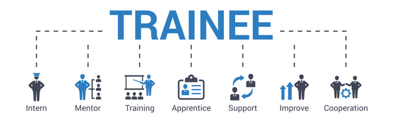 Trainee concept vector illustration with keywords and icons