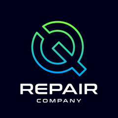 Repair Q letter vector logo template. This font use wrench symbol. Suitable for technology, mechanic, or automotive business.