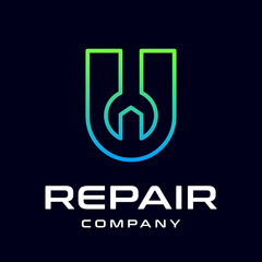 Repair U letter vector logo template. This font use wrench symbol. Suitable for technology, mechanic, or automotive business.