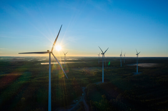 Aerial views of windfarm and wind energy station. Finnland