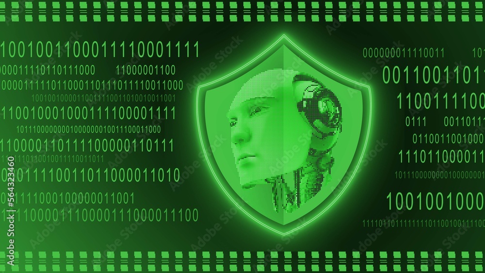 Poster ai or artificial concept - protective shield with abstract 3d robotic head on binary code background
