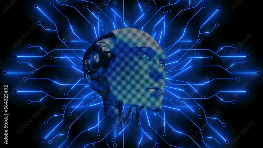 Poster ai or artificial intelligence - abstract 3d robotic head in futuristic digital circuit technology ba