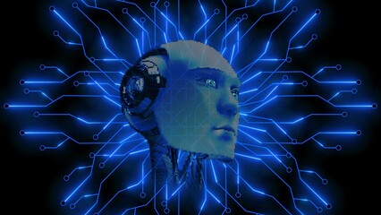 AI or artificial intelligence - Abstract 3D robotic head in futuristic digital circuit technology background - 3D Illustration
