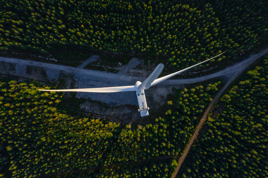 Aerial views of windfarm and wind energy station. Finnland