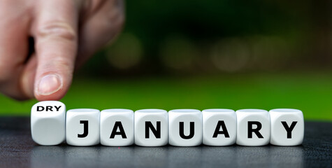 Dice form the expression 'dry January'. Symbol for a month without drinking alcohol.