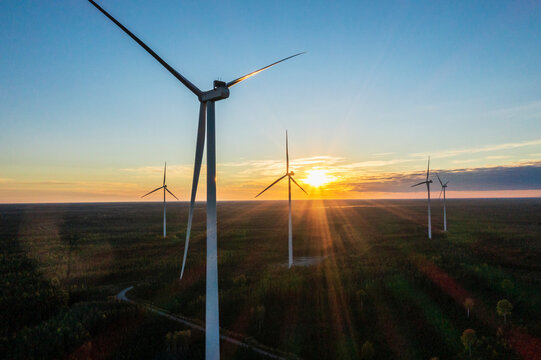 Aerial views of windfarm and wind energy station. Finnland