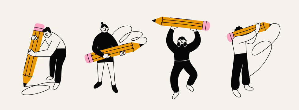Various people with a large Pencil. Young person holding pencil. Cute funny isolated characters. Cartoon style. Hand drawn Vector illustration. Drawing, writing, creating, design, blogging concept