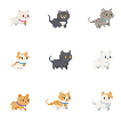 Pixel art 8 bit Cute Cats Kittens set domestic pet isolated stock illustration transparent background stickers