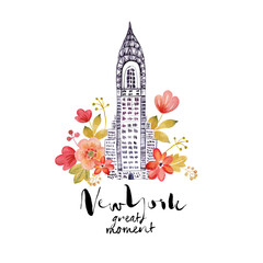 New York City watercolor illustration ( NYC great moment). Chrysler Building illustration with watercolor flowers on the white background. - obrazy, fototapety, plakaty