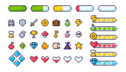 Pixel game menu resources, level, live bars and buttons. Game interface, pixelated life bar and menu button, game controller arrows, pixel art gaming magic items, button 8 bit pixel. © diluck