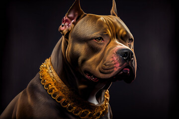 American Bully dog with gold chain on black background.  Generative AI.