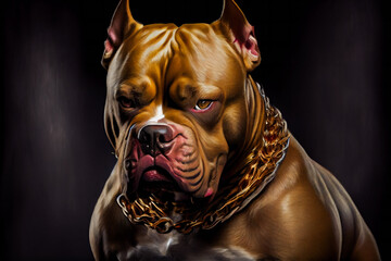 American Bully dog with gold chain on black background.  Generative AI. - obrazy, fototapety, plakaty