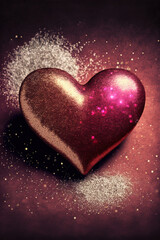Obraz premium golden and pink heart with gold and pink glowing blurred glitter. Romantic Valentine's Day Background. bokeh effect. The 14th of February. symbol love. Vertical format