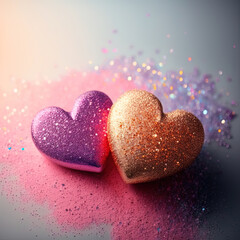 Obraz premium golden and pink hearts with light glowing blurred glitter. Romantic Valentine's Day Background. bokeh effect. The 14th of February. symbol love. 
