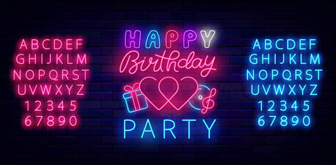 Birthday party neon sign on brick wall. Event poster template. Heart, present and music. Vector illustration
