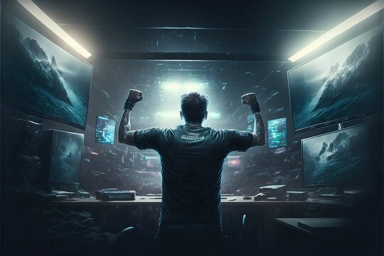 Futuristic Professional E-Sports gamer playing online games computer with headphones,cyberpunk game room background ,Generative AI
