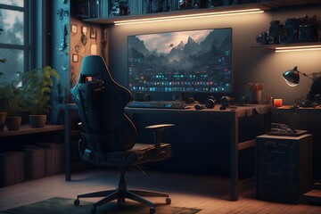 Futuristic Games room with a cyber gamer computer, cyberpunk  ,  and neon lights, generative ai
