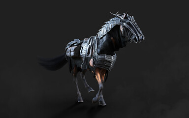 3d Illustration of A creepy armored dark horse pose on black background with clipping path.