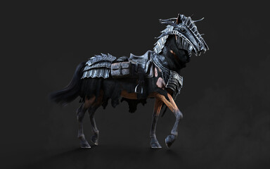 3d Illustration of A creepy armored dark horse pose on black background with clipping path.