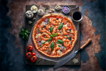 Delicious seafood pizza in a rustic environment, Generative AI