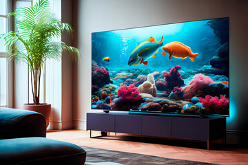 Big Tv In A Living Room.  Elegant living room with big tv screen.  Generative AI.