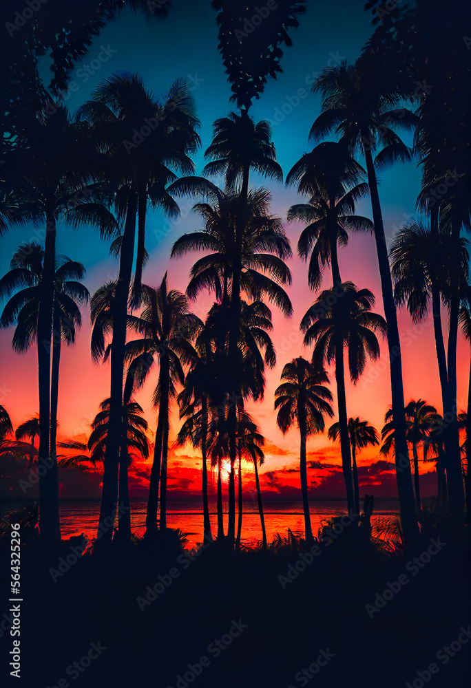 Wall mural Blue palm trees at sunset.  Generative AI.