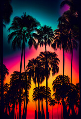 Blue palm trees at sunset.  Generative AI.