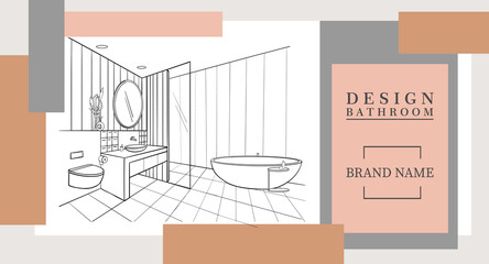 Design bathroom interior. Vector line drawing modern home furniture and decoration. Outline illustration angle perspective. Template banner or landing page for website.