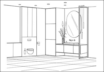 Modern bathroom and toilet interiors. Line sketch design home décor, bath, washbasin, sink, mirror, shower, cabinet and plants. Vector outline drawing washroom furniture and decoration. 