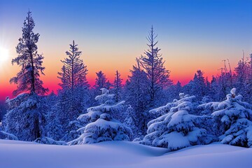 Fototapeta na wymiar Sunset in winter in forest. Genarative AI