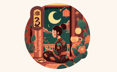 Illustration of a woman drinking tea which is Chinese oring culture in welcoming the Chinese New Year 2023