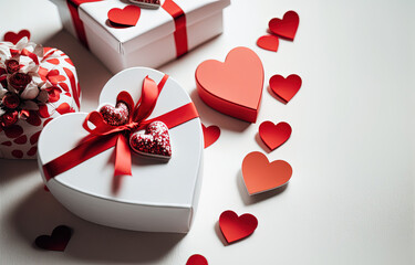 romantic composition of white box with a gift with a red ribbon and heart for valentine's day, isolated on a white background, February 14, a symbol of love