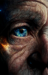 Portrait of an old man with another universe in his eye
