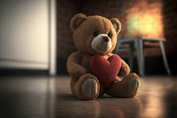 Portrait Cute teddy bear holding valentine heart and red rose, Valentine's day and love concept ,Generative AI
