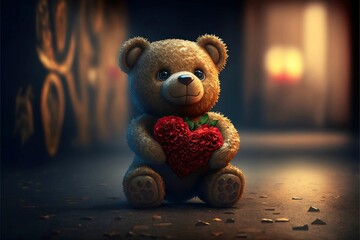 Portrait Cute teddy bear holding valentine heart and red rose, Valentine's day and love concept ,Generative AI
