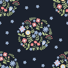 Floral seamless pattern wich flower circle of decorative flowers on black background. Vector illustration in flat style for wallpaper, textile, packaging, decor and design.