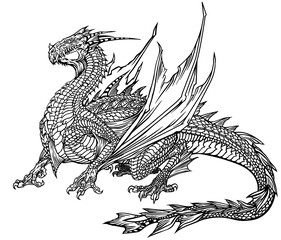 Majestic sea or water dragon. A mythological creature with bat-like wings and a fishtail. Side view. Black and white graphic style isolated vector illustration