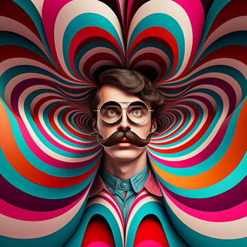 Fototapeta Generative ai optical art fashion portrait caucasian young man big mustache posing