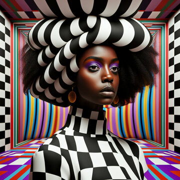 Fototapeta Generative ai optical art fashion portrait black young woman posing